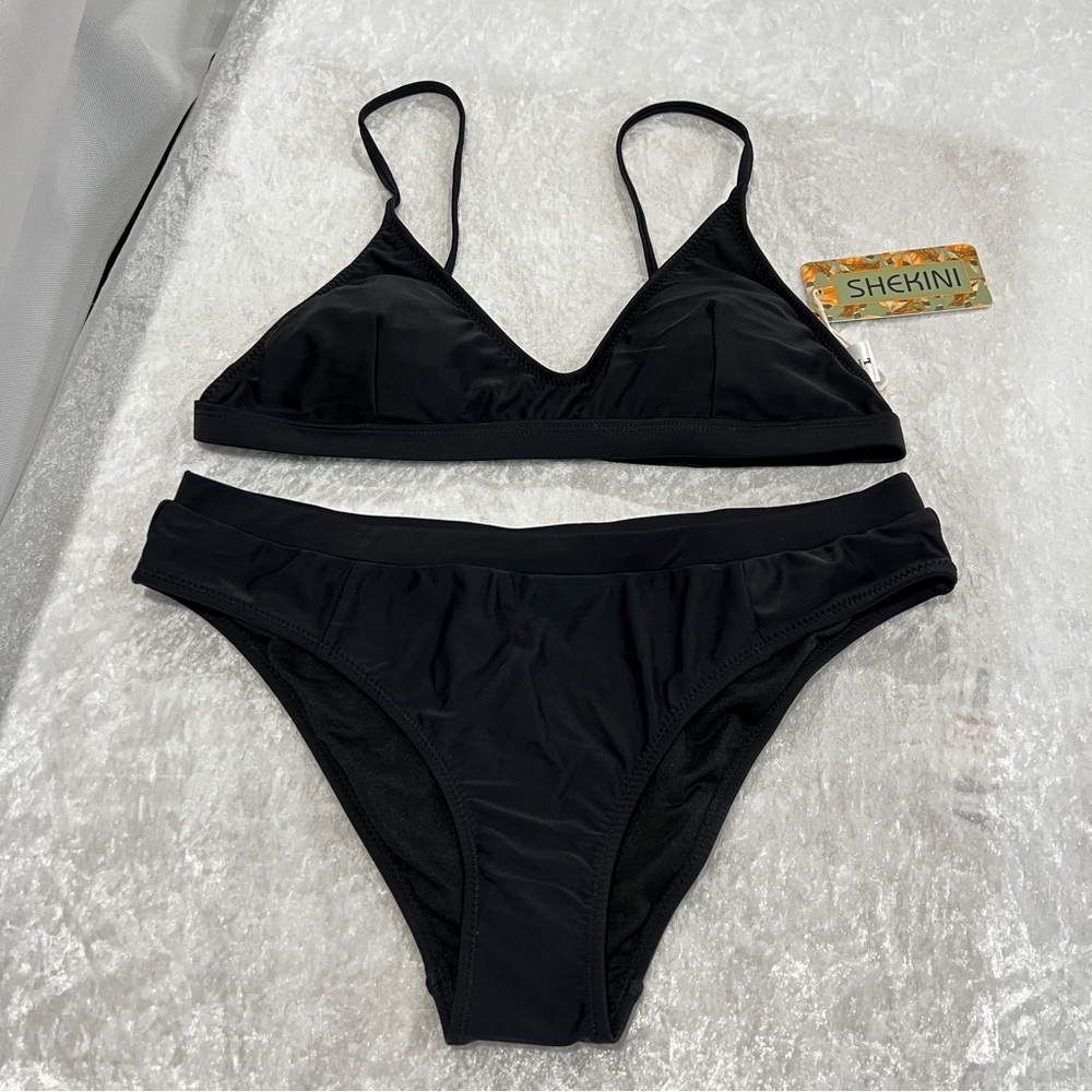 Medium-Full Coverage Triangle Bikini Set Swimsuit Size large Black Lined
